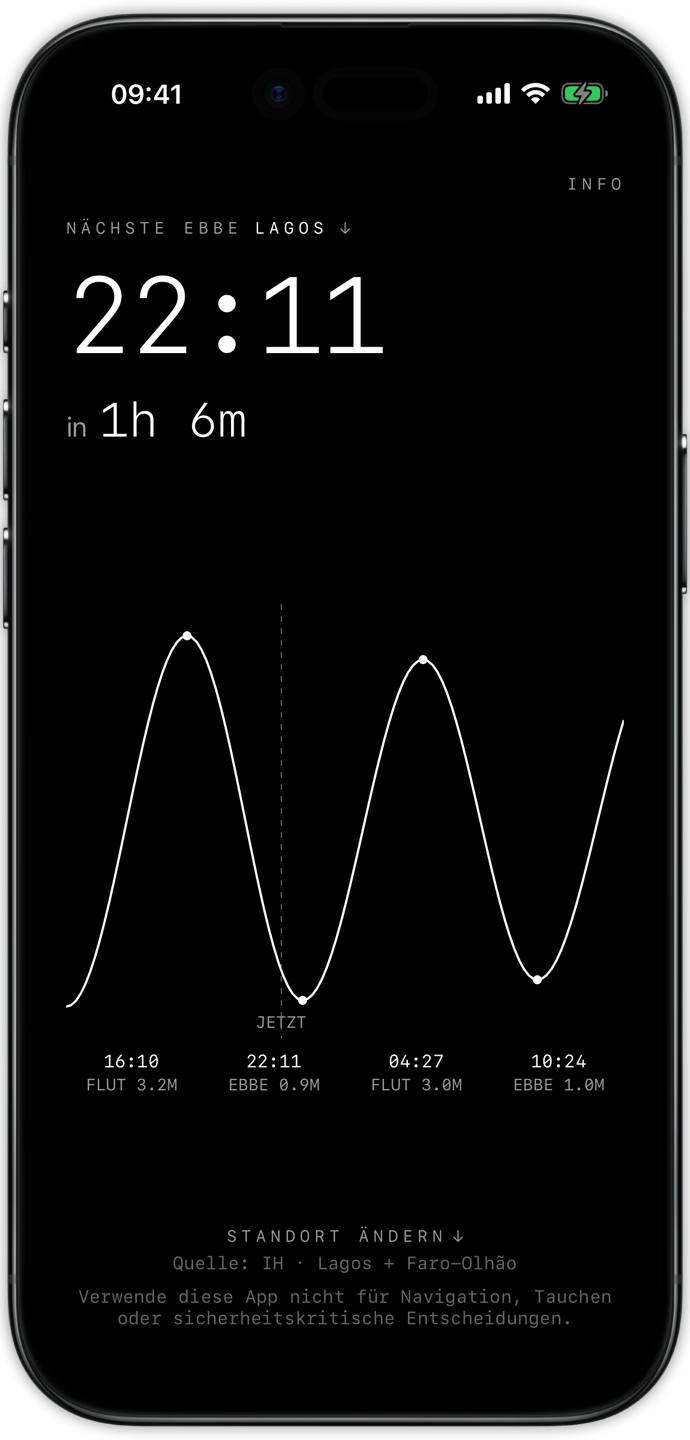 TDL app screenshot showing Lagos tide times